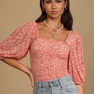 Pink/Orange Floral Puff Sleeve Crop Top